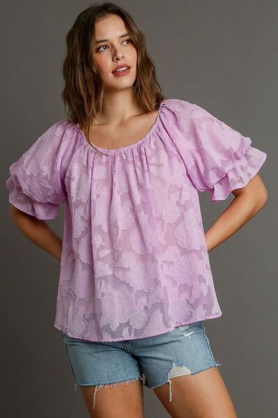 Umgee Full Size Jacquard Round Neck Ruffled Puff Sleeve Blouse Plus Size Pink Purple Tops