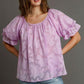 Umgee Full Size Jacquard Round Neck Ruffled Puff Sleeve Blouse Plus Size Pink Purple Blouses