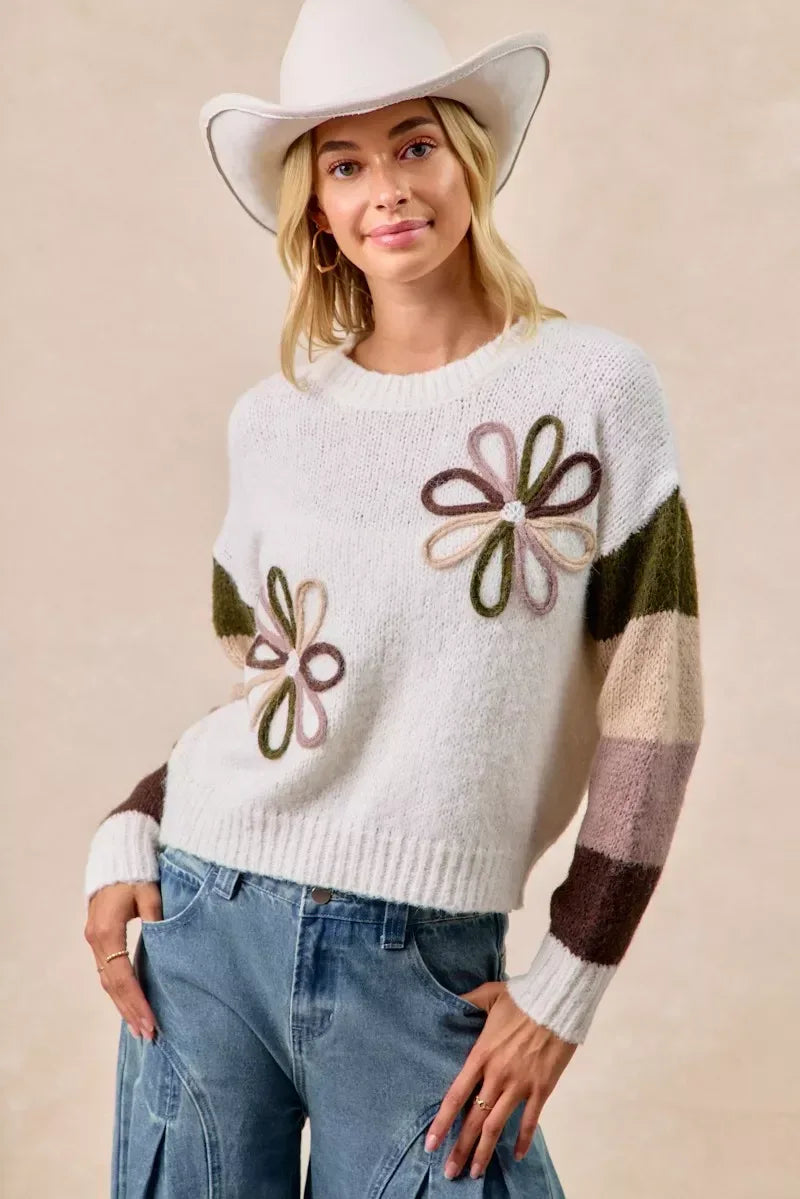 BiBi Flower Color Block Sweater - DAVERRI FASHIONS