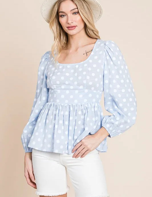 LT BLUE Lime 'N' Chili Polka Dot Print Balloon Sleeve Babydoll Peplum Top | Tops Daverri Fashions