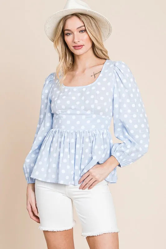 LT BLUE Lime 'N' Chili Polka Dot Print Balloon Sleeve Babydoll Peplum Top | Tops Daverri Fashions