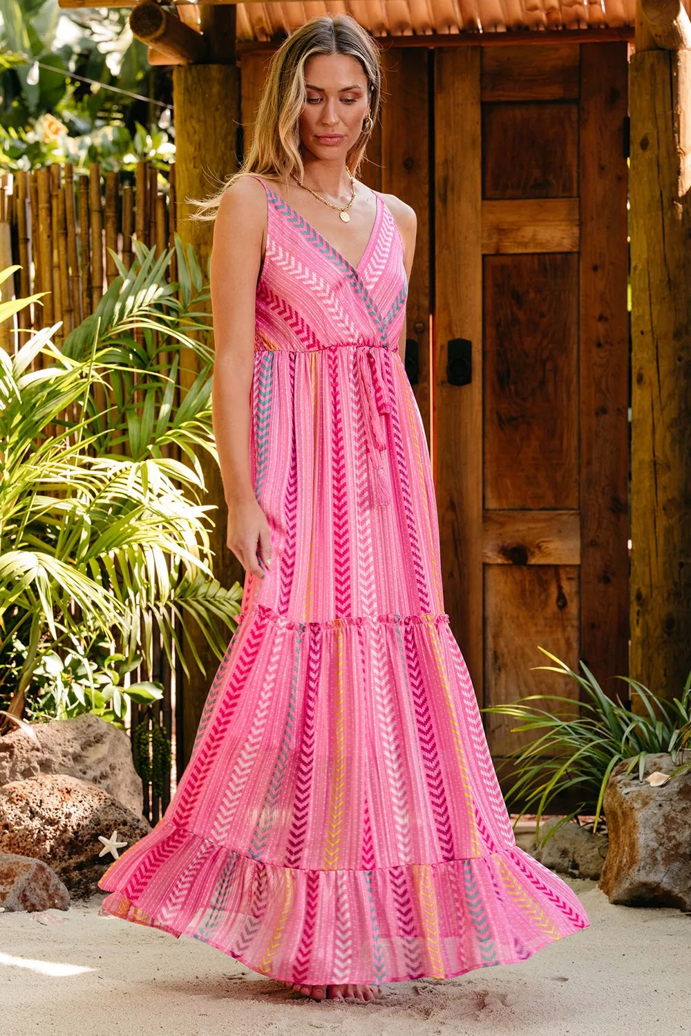 Daverri printed surplice maxi cami dress in pink with vibrant geometric pattern