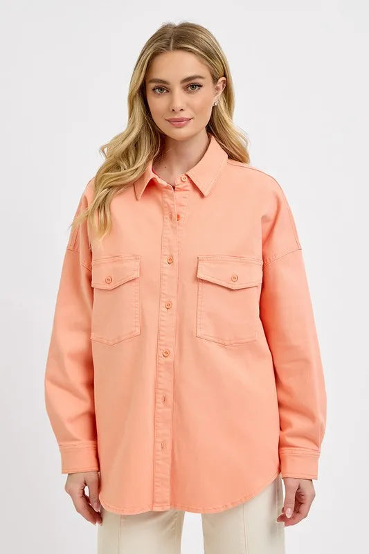 RISEN Full Size Button Down Long Sleeve Denim Shacket with Chest Pockets Plus Size Watermelon pink
