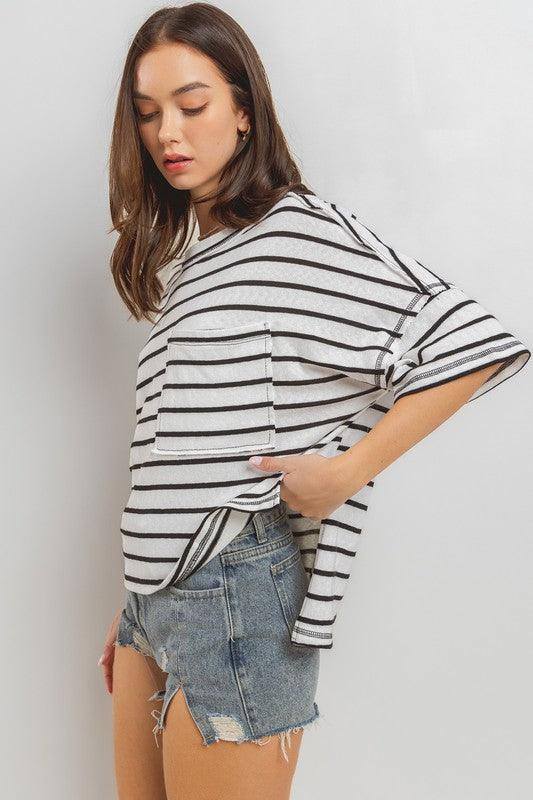 Ces Femme Side Slit Striped Round Neck Half Sleeve T-Shirt | T-Shirts Daverri Fashions