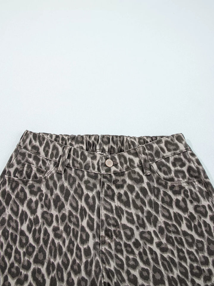 Leopard Straight Loose Leg Raw Hem Jeans | Jeans Daverri Fashions