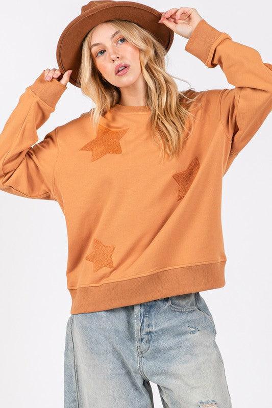 SAGE + FIG Star Patch Long Sleeve Sweatshirt - DAVERRI FASHIONS