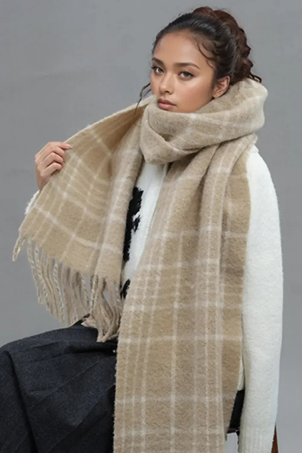 Fringe Plaid Thermal Scarf - DAVERRI FASHIONS