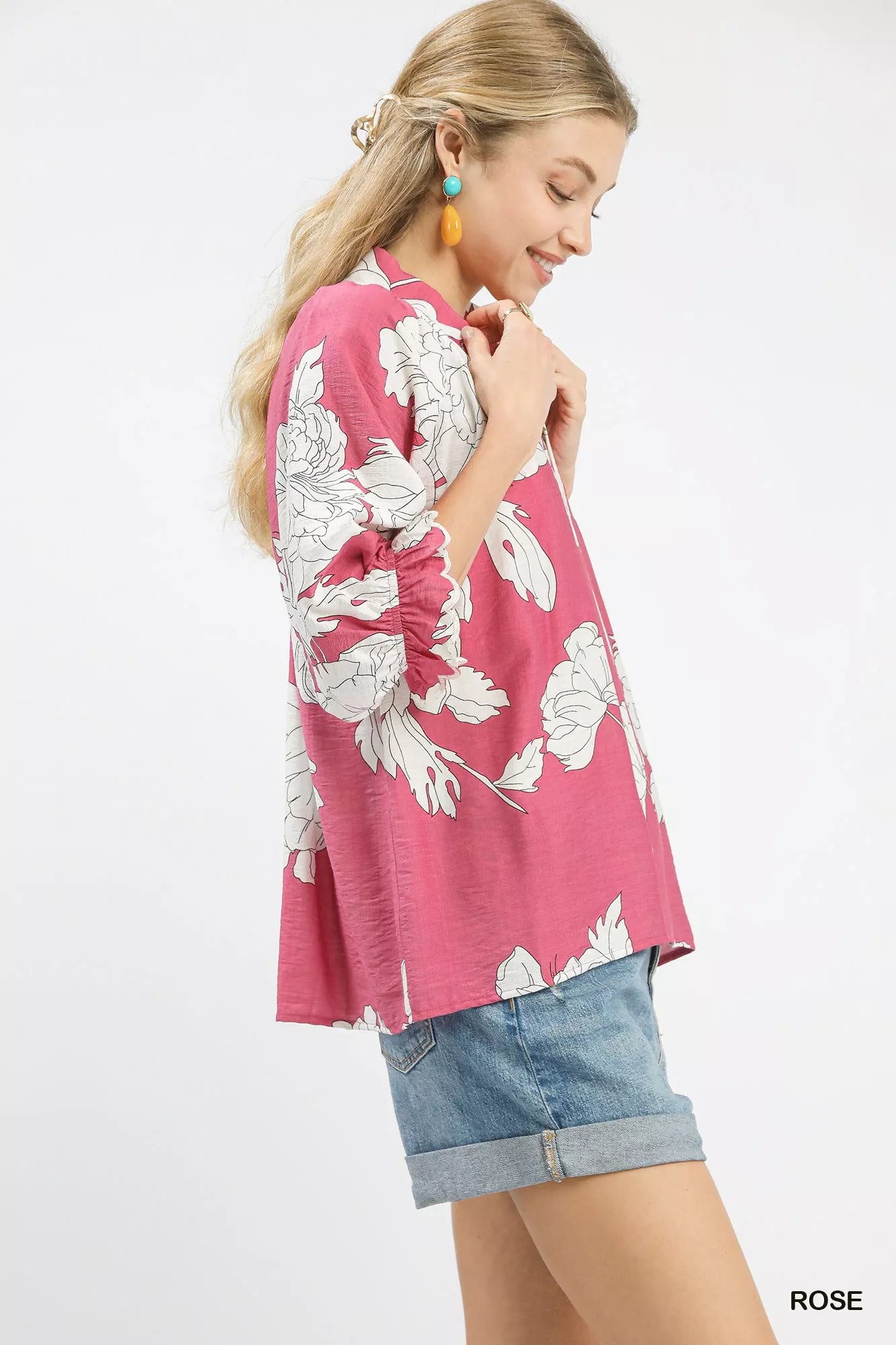 Umgee Peony Illustration Print Flounce Sleeve Blouse | Blouses Daverri Fashions