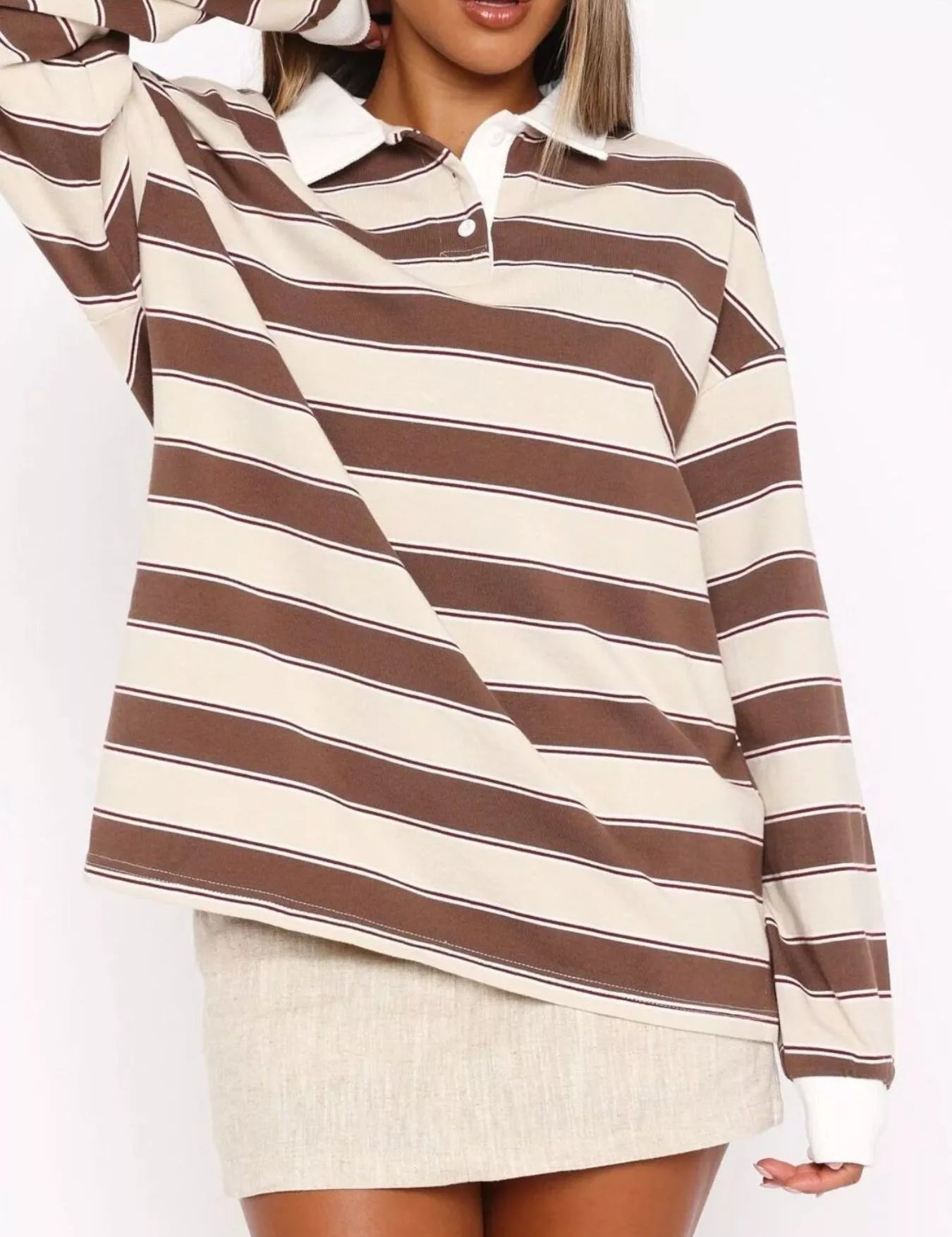 Khaki Striped Button Detail Long Sleeve Polo | Tops Daverri Fashions