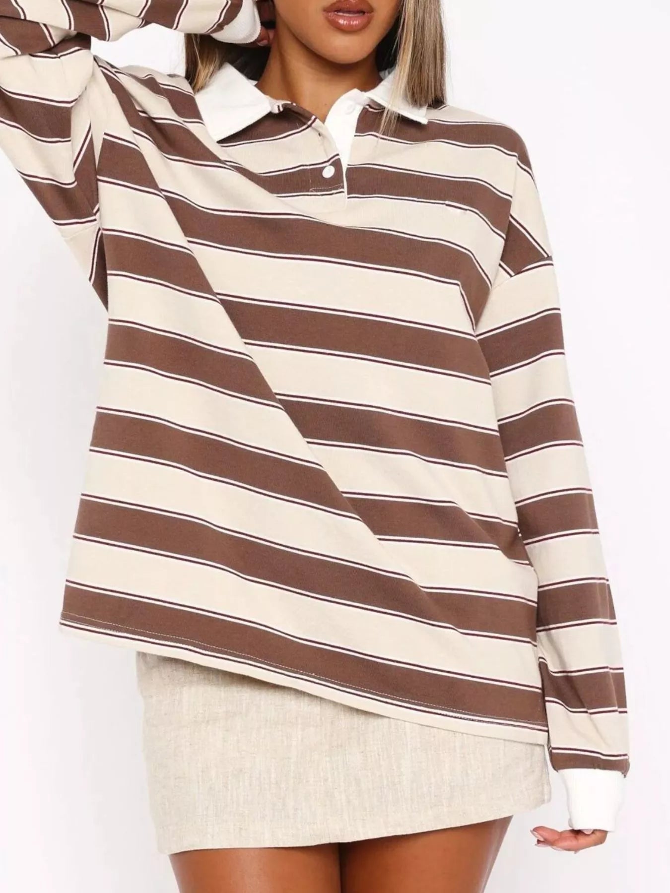 Khaki Striped Button Detail Long Sleeve Polo | Tops Daverri Fashions