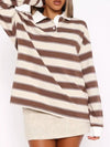 Striped Button Detail Long Sleeve Polo - DAVERRI FASHIONS