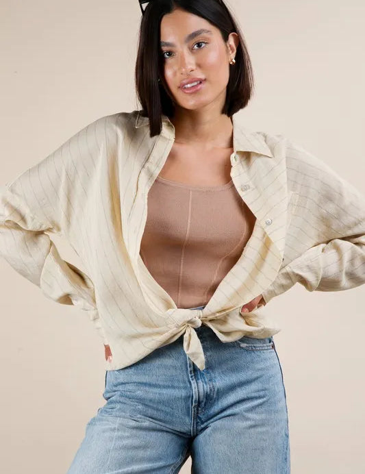 Beige VERY J Full Size Oversized Striped Button Down Shirt Top Plus Size | Shirts Daverri Fashions