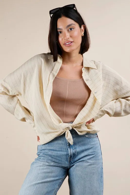 Beige VERY J Full Size Oversized Striped Button Down Shirt Top Plus Size | Shirts Daverri Fashions