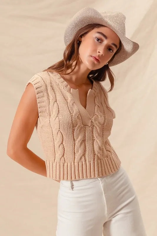 SO ME Notched Neck Cable Knit Sweater Vest