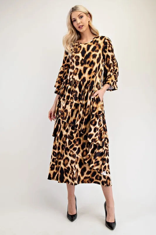 Celeste Full Size Leopard Asymmetrical Ruffle Midi Dress Plus Size