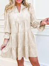 Beige floral lace notched tiered mini dress with long sleeves
