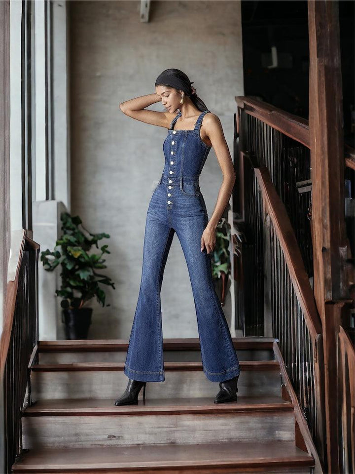 Front Button Flare Denim Jumpsuit Jumpsuits