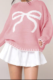 Pink Bow Graphic Round Neck Long Sleeve Sweater | Sweaters Daverri Fashions