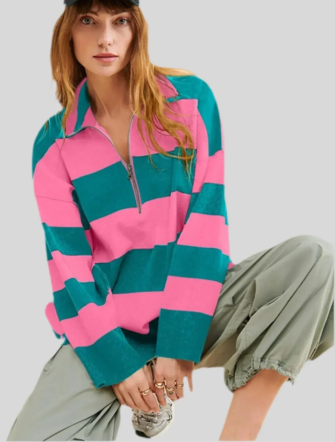 Striped Half-Zip Oversized Sweatshirt - DAVERRI FASHIONS