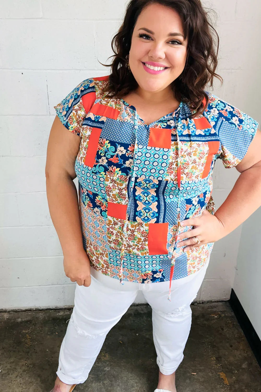 Blue & Orange Boho Patchwork Raglan Top | Daverri Fashions