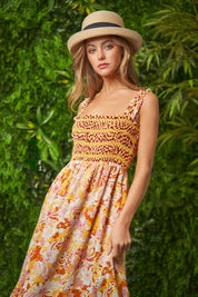 Davi & Dani Multi Smocked Bodice Geo Ruffle Strappy Midi Dress | Midi Dresses Daverri Fashions