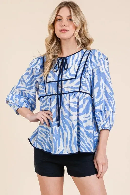 Lime 'N' Chili Graphic Print Solid Trim Quarter Sleeve Blouse - DAVERRI FASHIONS