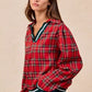 BiBi Christmas Plaid Collared Top with Ruffled Detail - DAVERRI FASHIONS