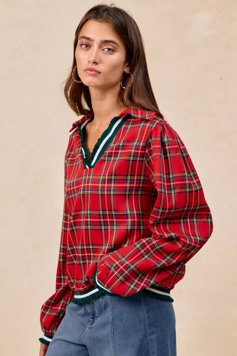 BiBi Christmas Plaid Collared Top with Ruffled Detail - DAVERRI FASHIONS