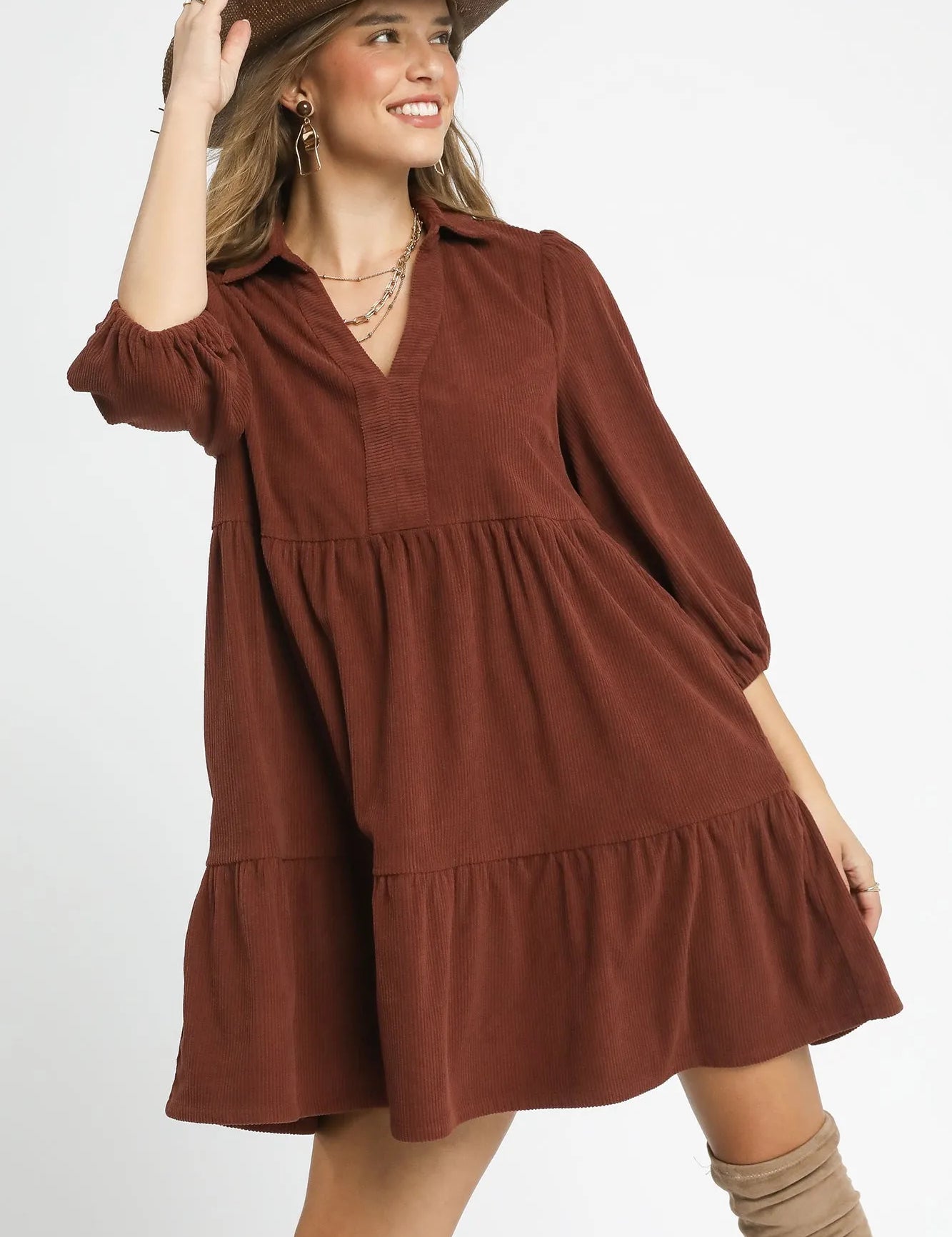 RED BROWN Umgee Tiered Corduroy Mini Dress with Balloon Sleeves | Daverri Fashions