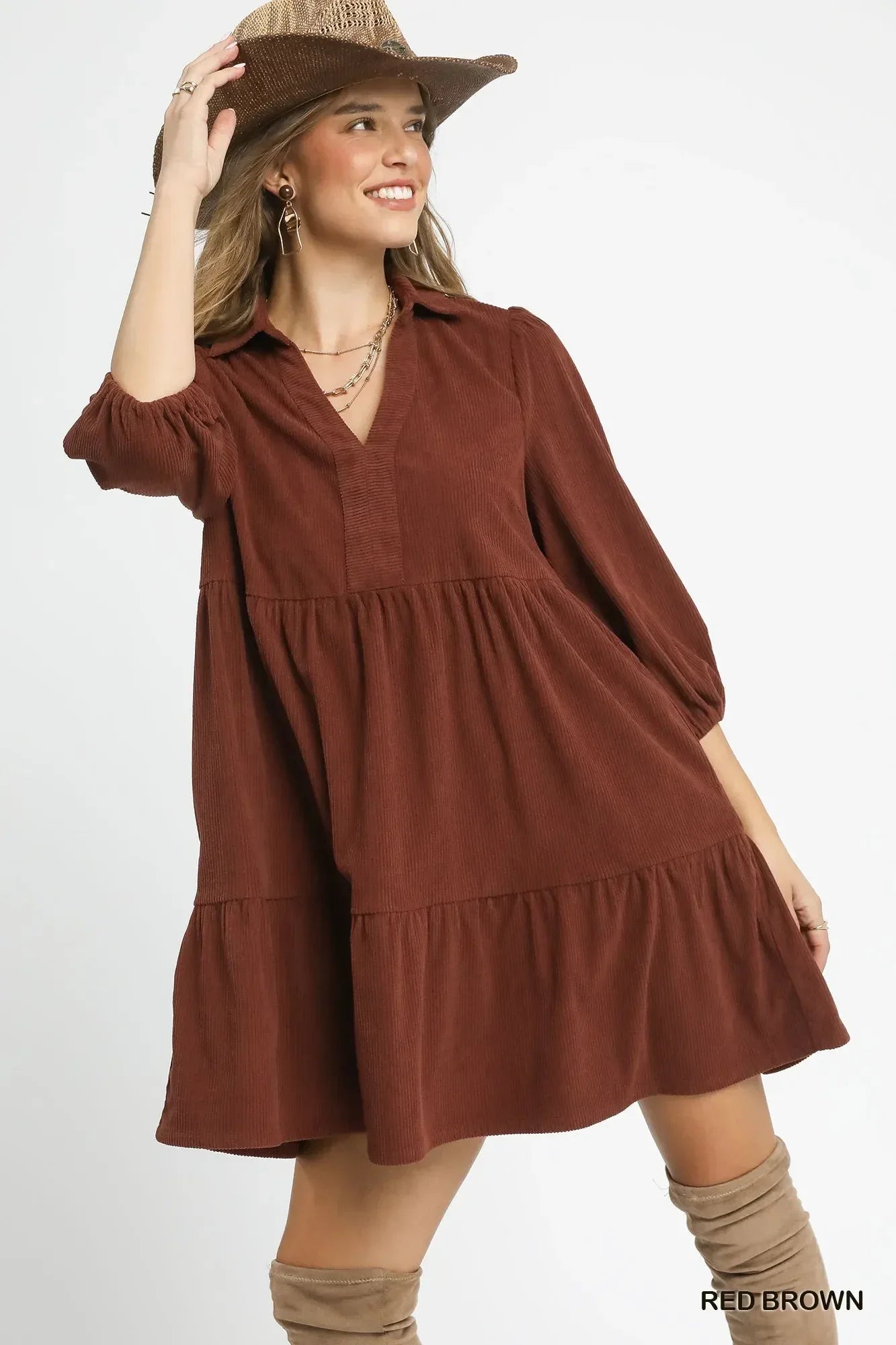 Umgee Tiered Corduroy Mini Dress with Balloon Sleeves - DAVERRI FASHIONS