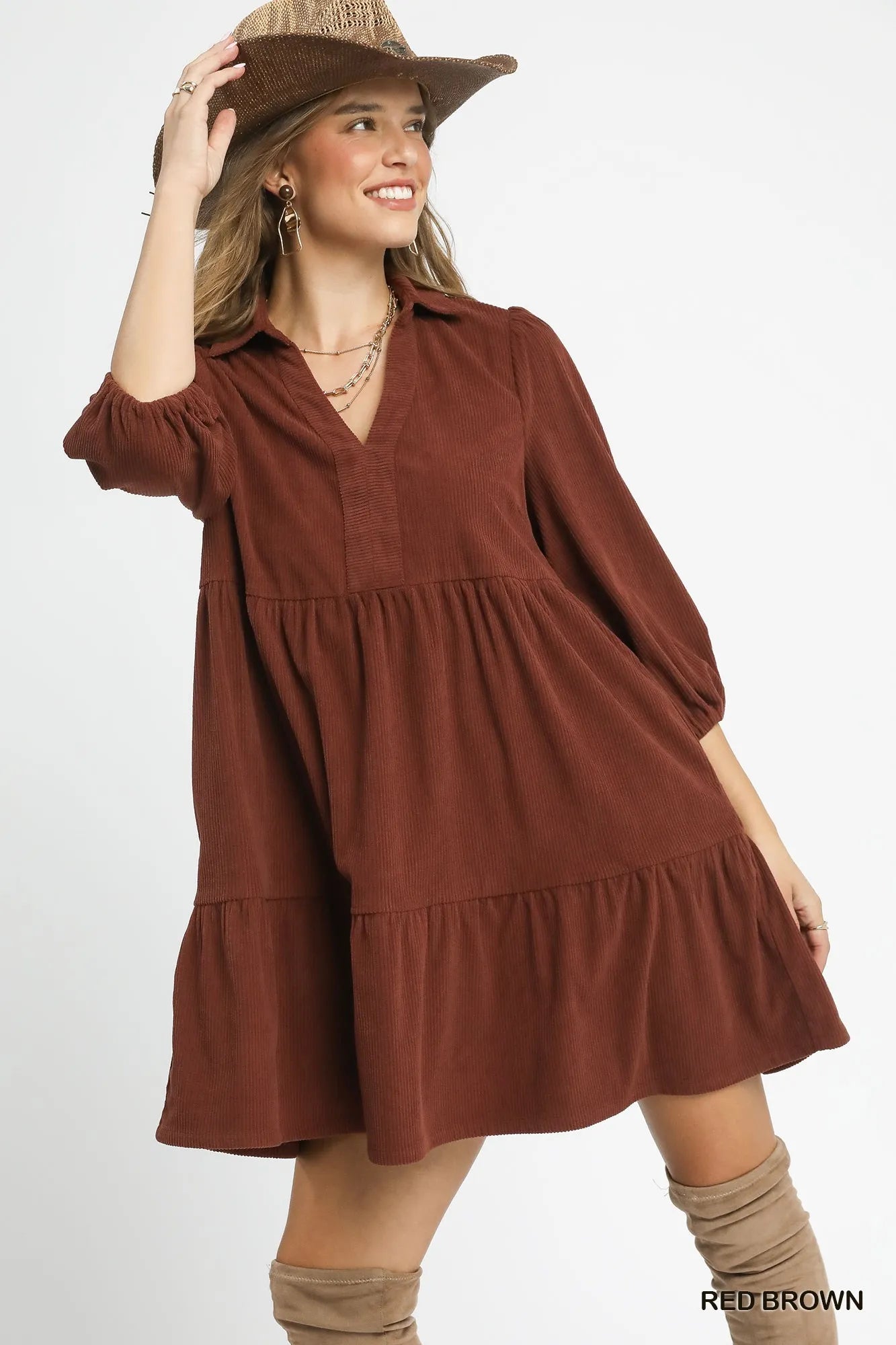 Umgee Tiered Corduroy Mini Dress with Balloon Sleeves RED BROWN