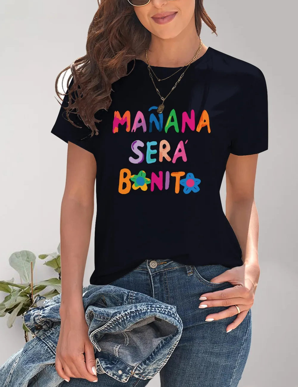 Black Letter Graphic Round Neck T-Shirt with Manana Sera Bonita Floral Design