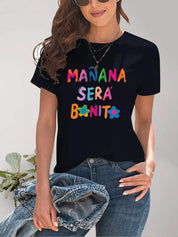 Black Letter Graphic Round Neck T-Shirt with Manana Sera Bonita Floral Design