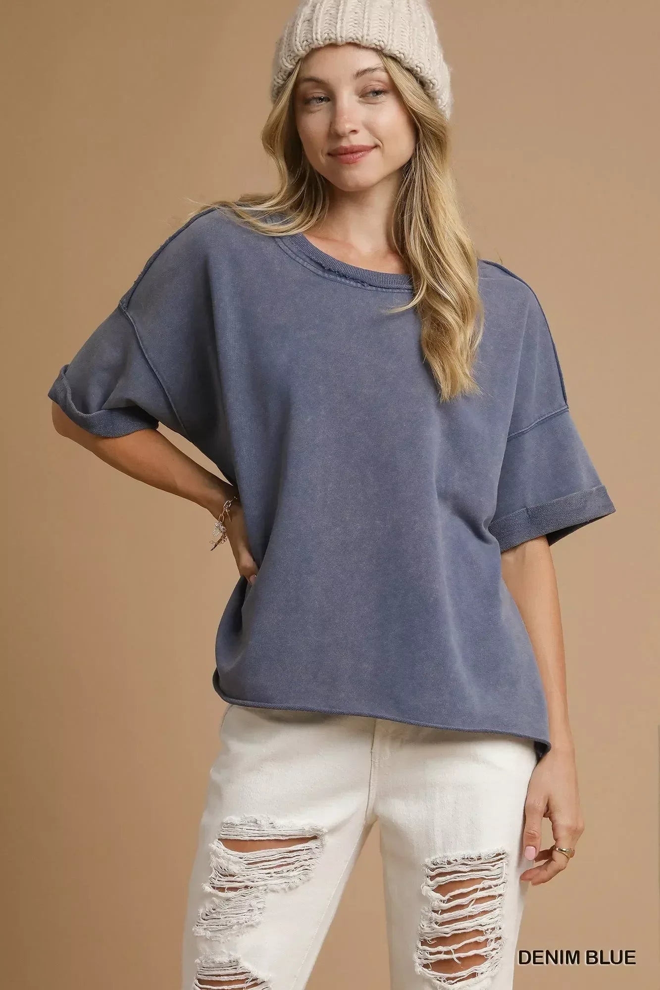 Umgee Mineral Wash Round Neck Top Blue - DAVERRI FASHIONS