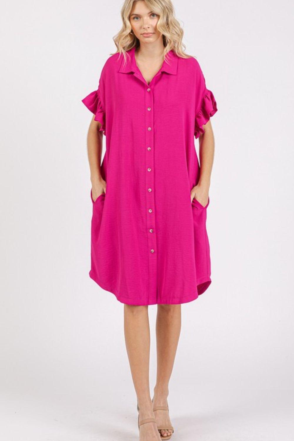 Fuchsia Pink Mittoshop Button Down Flounce Sleeve Dress with Pockets | Daverri Fashions