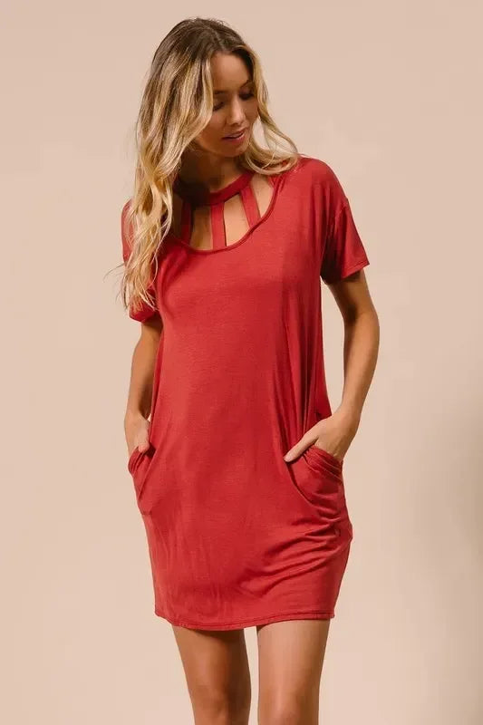 BiBi Front Cutout Mini Tee Dress with Pockets - DAVERRI FASHIONS
