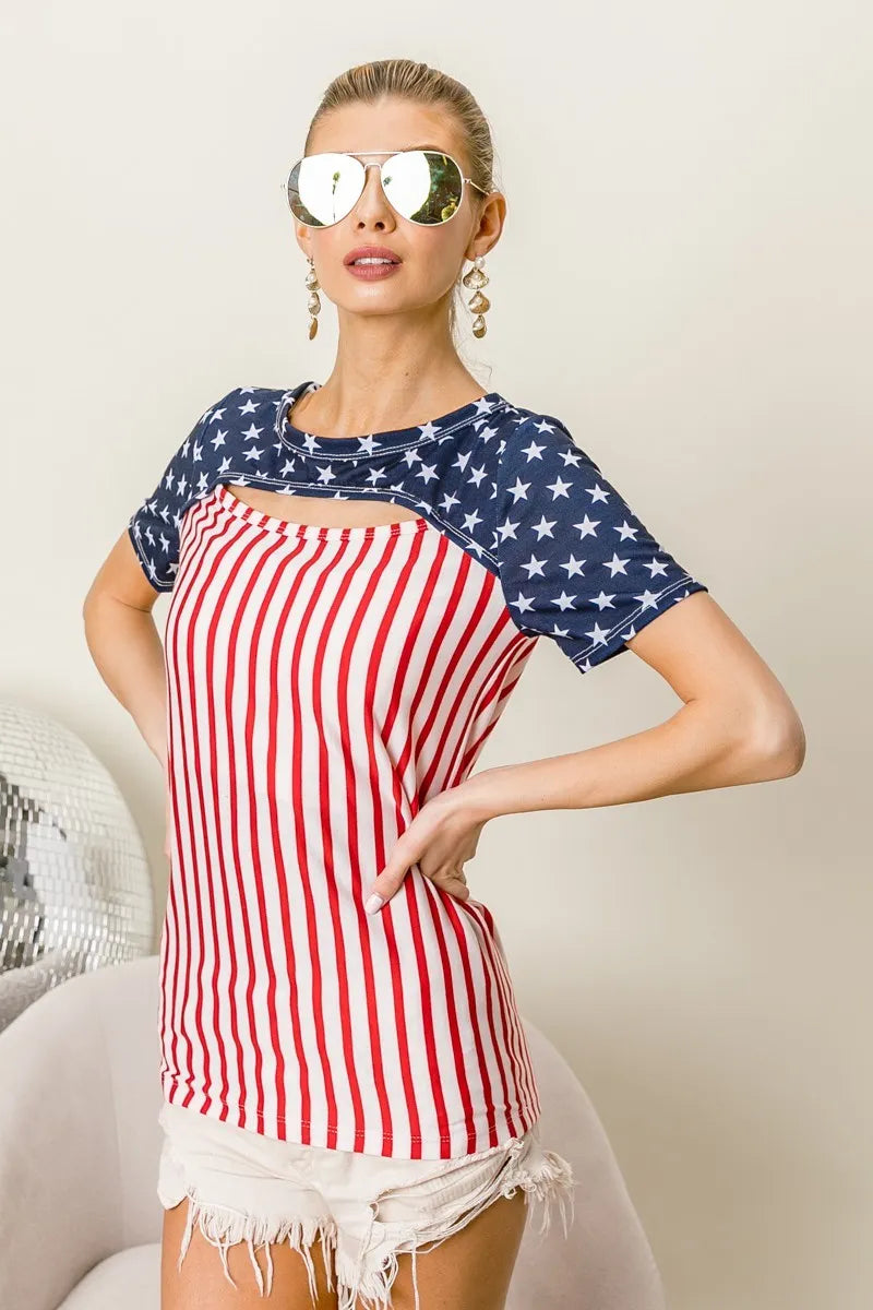 BiBi American Flag Theme Front Cut Out Top Tops