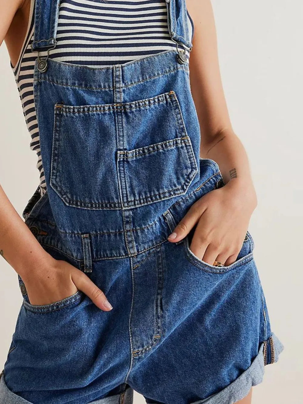 Daverri wide strap square neck denim shortalls with rolled cuffs and pockets