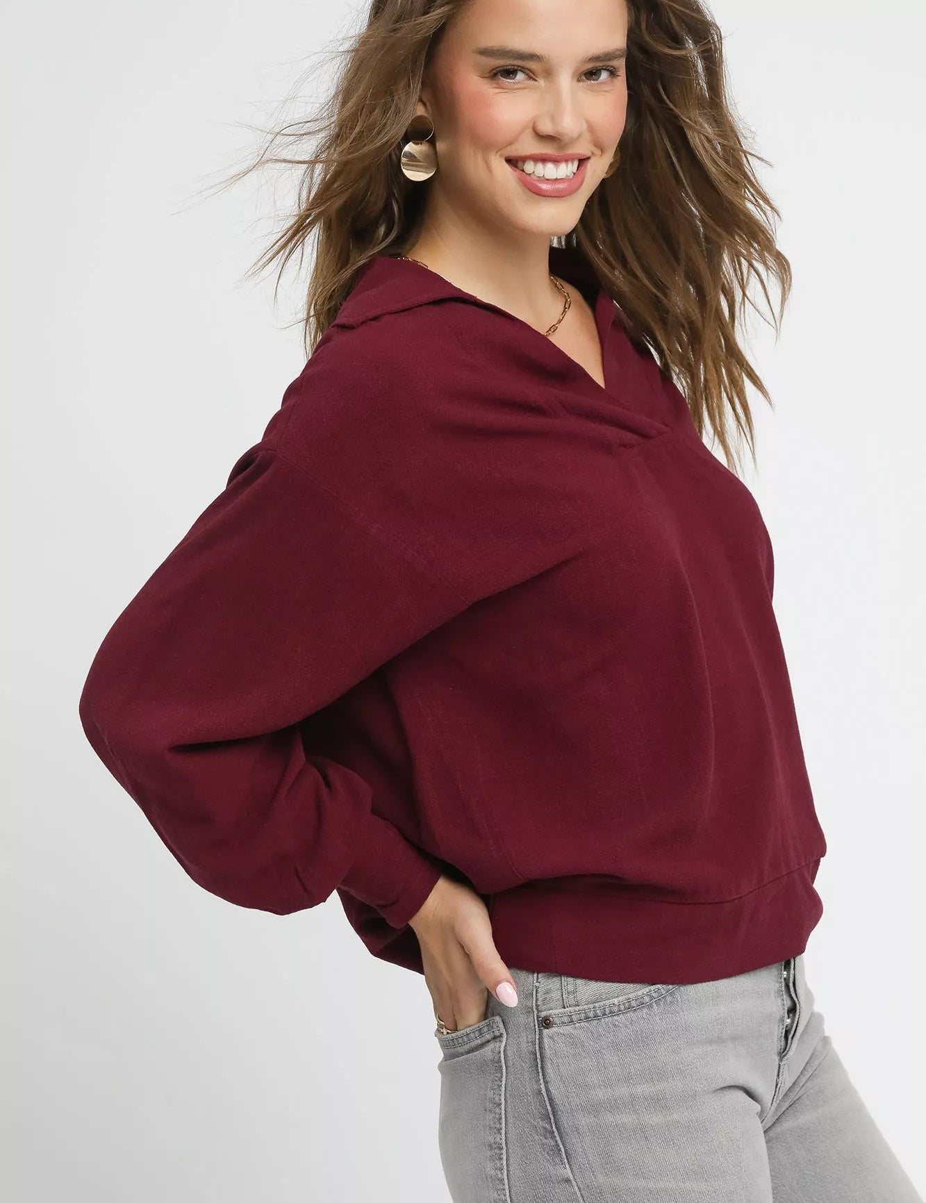 Umgee Linen Long Sleeves Elastic Hem Blouse | Blouses Daverri Fashions