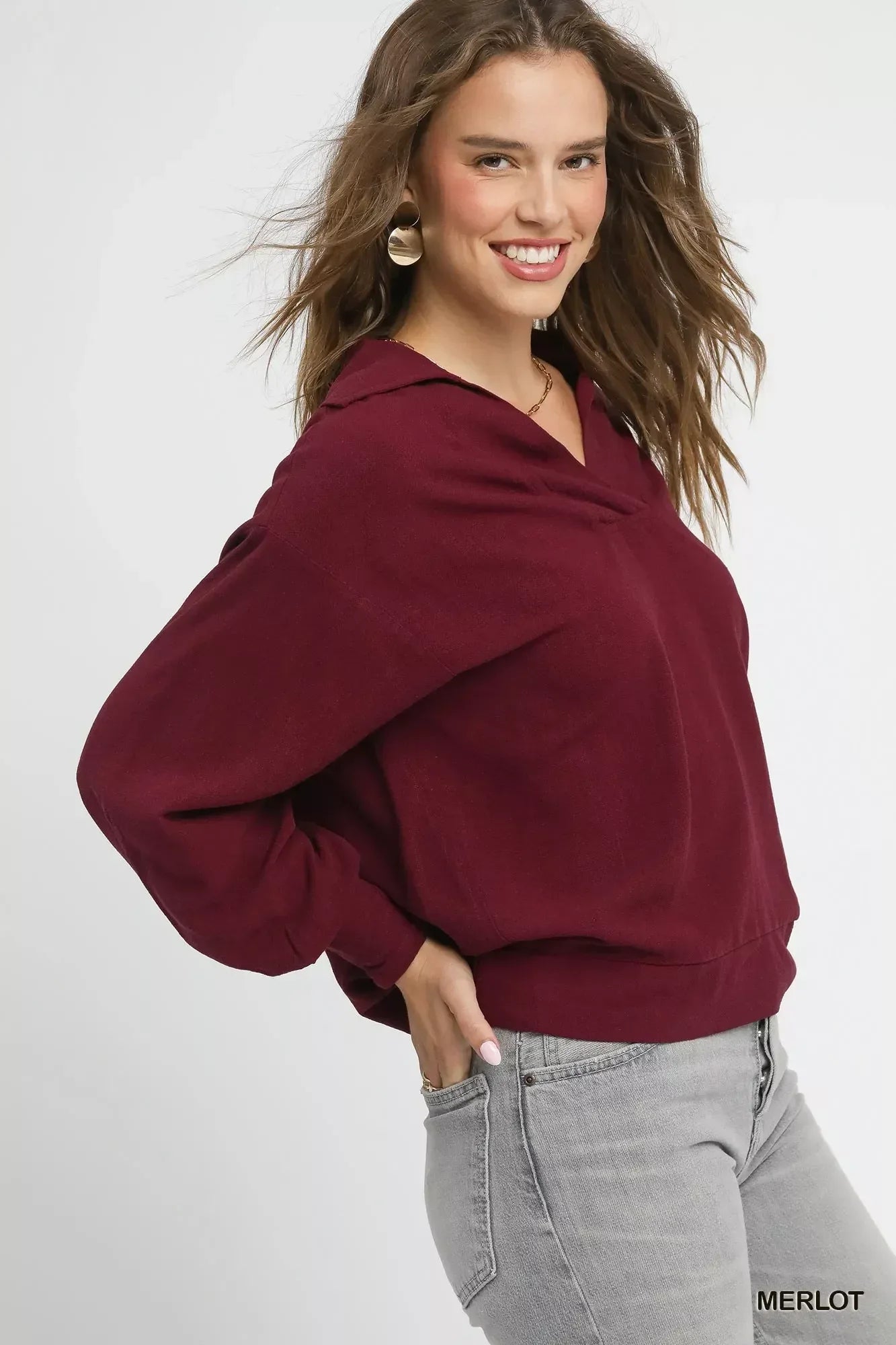 Umgee Linen Long Sleeves Elastic Hem Blouse - DAVERRI FASHIONS