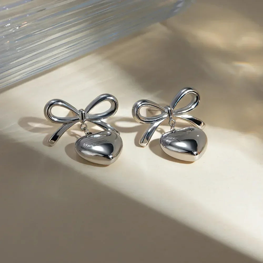 Stainless Steel Bow & Heart Drop Earrings - DAVERRI FASHIONS