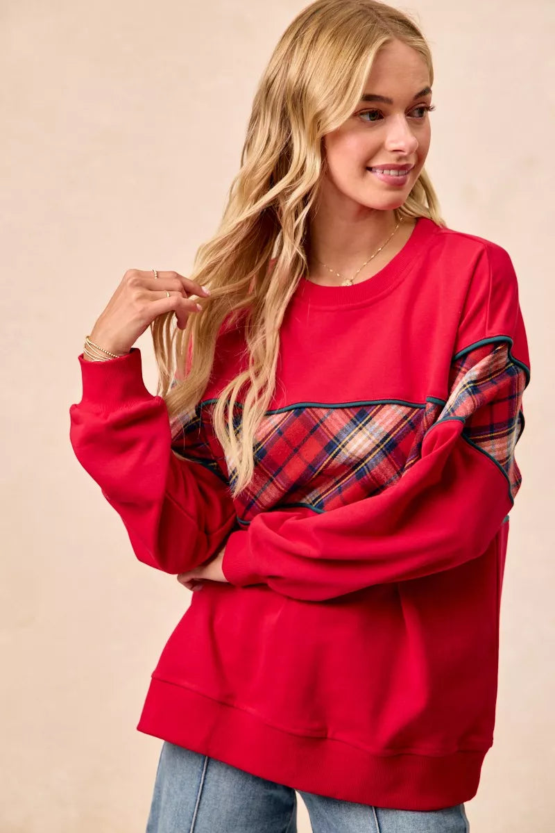 BiBi Christmas Theme Plaid Block Sweatshirt with Binding | Sweatshirts Daverri Fashions