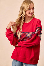 BiBi Christmas Theme Plaid Block Sweatshirt with Binding | Sweatshirts Daverri Fashions