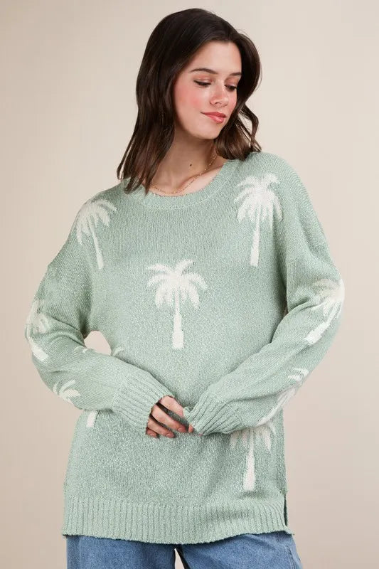 VERY J Palm Tree Graphic Oversized Knit Sweater Sage Sweaters