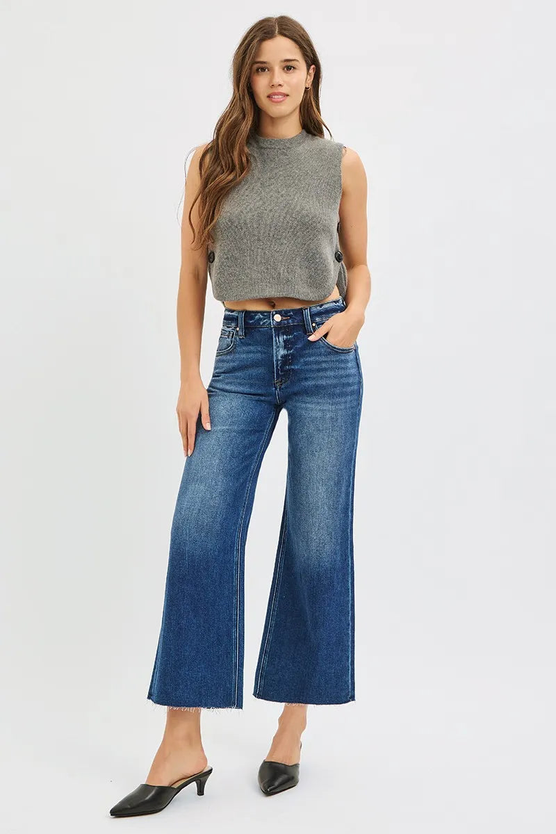RISEN Full Size Mid Rise Crop Wide Raw Cut Hem Jeans Plus Size | Jeans Daverri Fashions