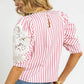 Umgee Striped Lace Puff Sleeve Blouse