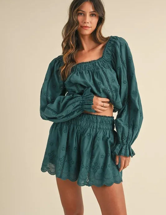 Teal MABLE Embroidered Scalloped Lace Top and Short Set | Outfit Sets Daverri Fashions