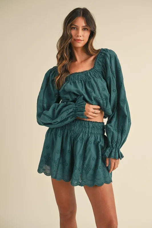 MABLE Embroidered Scalloped Lace Top and Short Set Teal Outfit Sets