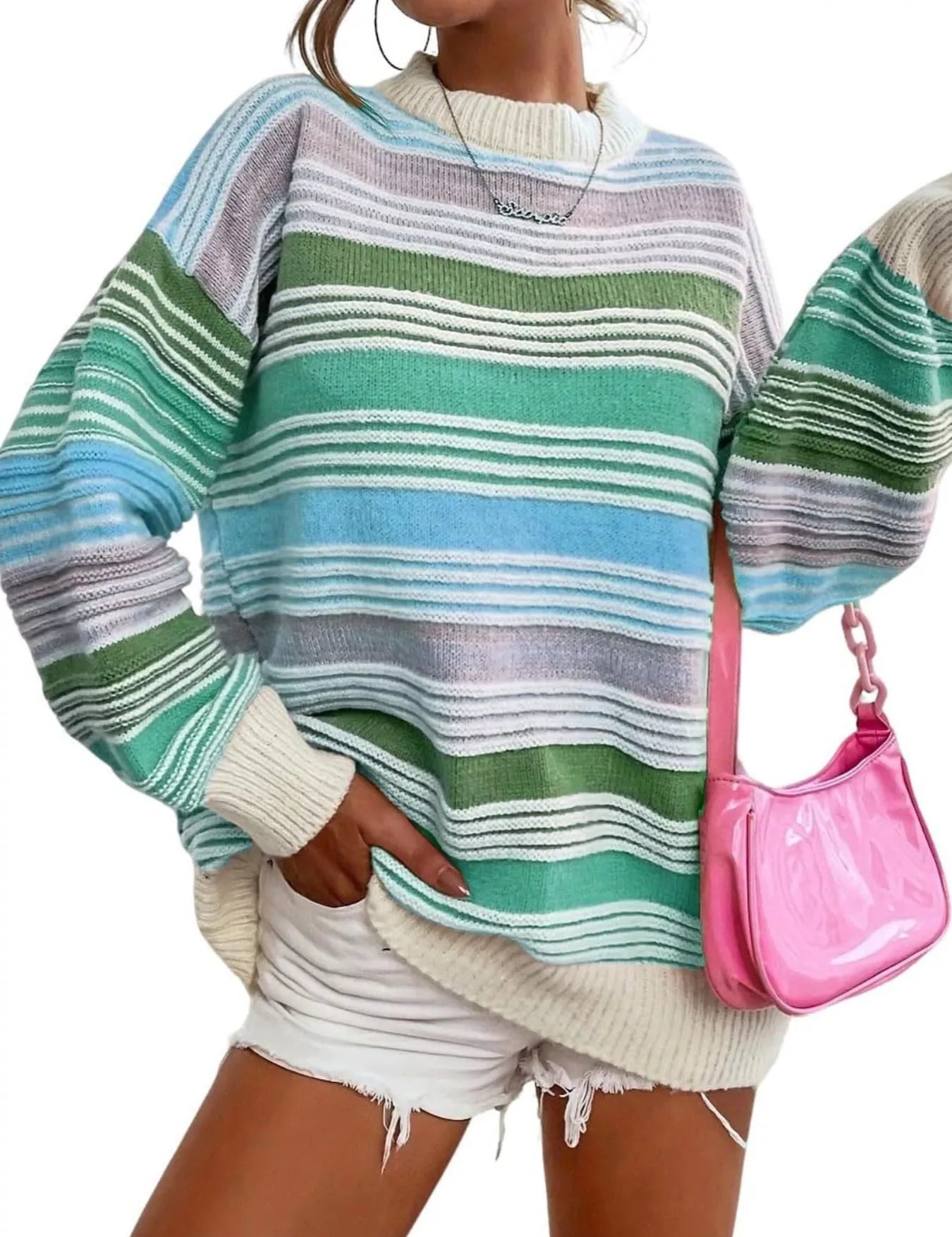 Green Rainbow Striped Drop Shoulder Oversized Sweater | Sweaters Daverri Fashions
