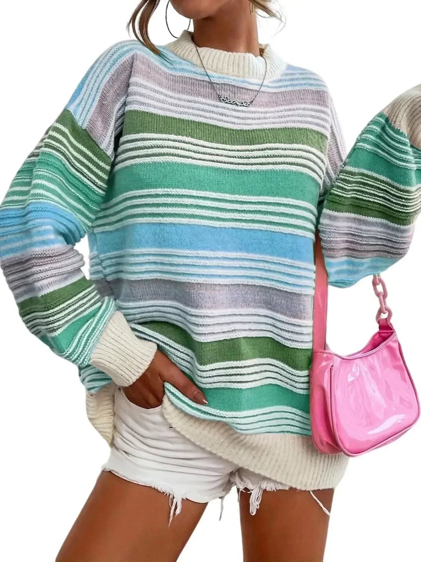 Rainbow Striped Drop Shoulder Oversized Sweater - DAVERRI FASHIONS